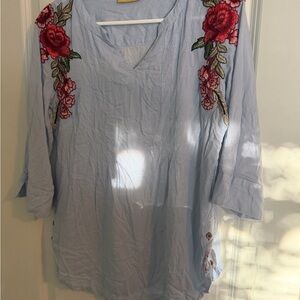 Chic Striped Blouse with Red Floral Embroidery